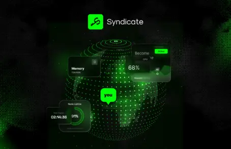 Syndicate node network globe with uptime memory and CPU stats