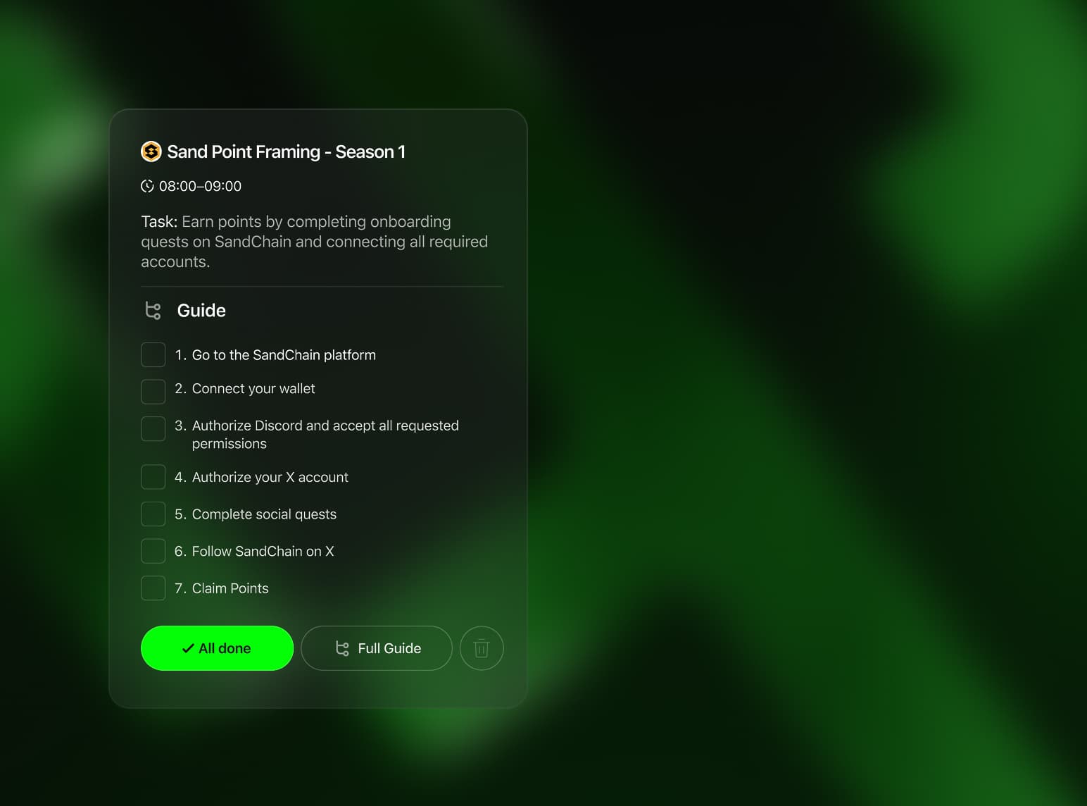 Sand Point Framing season task card with onboarding guide checklist