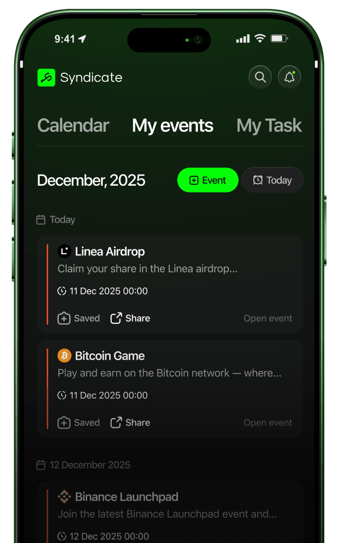 Syndicate My events screen listing crypto airdrops and launchpad events