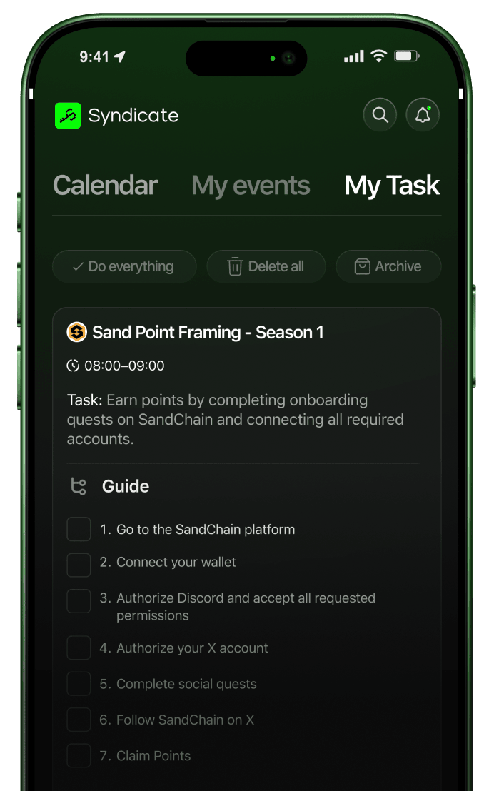 Syndicate My Task screen with Sand Point Farming season guide checklist